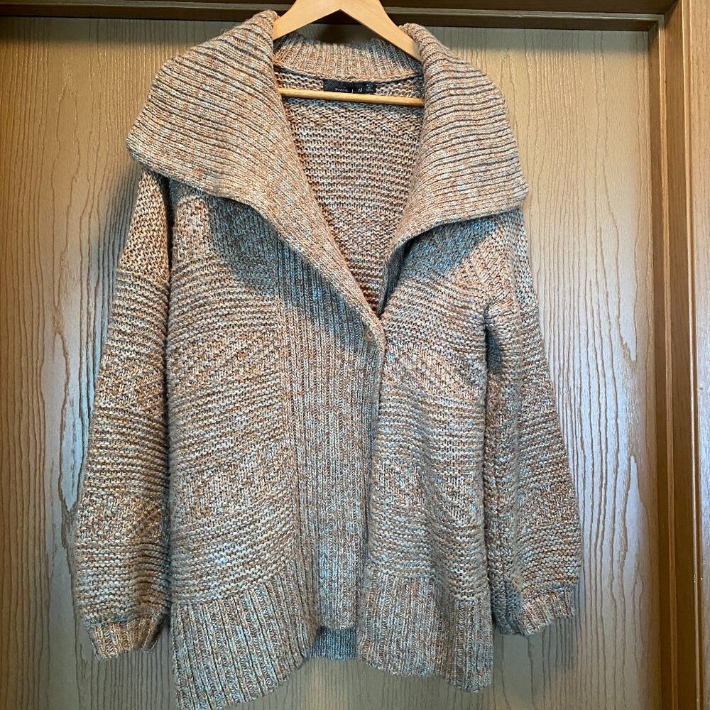 Women's Prana Sukie Chunky Knit Sweater Duster Cardigan Size tan/blue M Wool